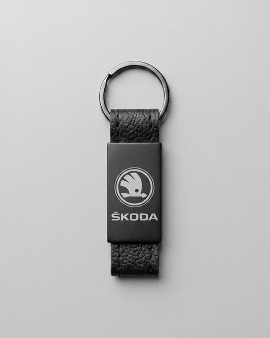 Skoda Logolu Deri Metal Anahtarlık Şık Sade Oto Anahtarlık